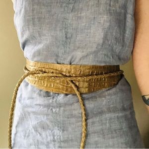 ADA Wrap Obi Belt Gator Embossed Leather Braided Rope Tassels Olive Boho
